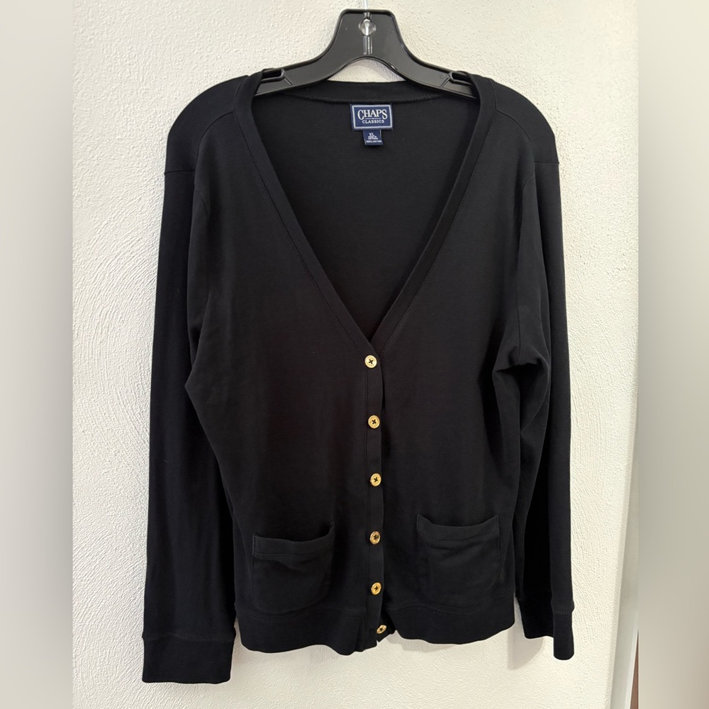 Chaps Black V-Neck Cardigan with Gold Buttons